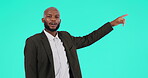 Marketing, man with hand gesture for promotion and against a blue background for announcement. Advertising or presentation, mock up space or information and African male person pose for notification