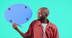 Speech bubble, why and man in communication problem, social media questions and shrug or confused face. African person in chat forum, search help or FAQ sign on studio background and tracking markers