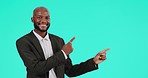 Face, happy black man or pointing to mockup space for advertising, business recruitment or ads on studio background. Portrait, male worker or presentation of opportunity, promotion or review about us