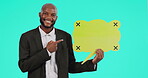 Speech bubble, communication and business man pointing to chat, social media opinion and talk, news or voice. Face of person with FAQ mockup or job forum sign. studio background and tracking markers