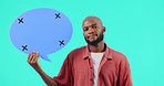 Speech bubble, confused and man pointing to communication, social media question and support. Face of african person with problem, forum and FAQ on quote sign, studio background and tracking markers