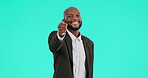 Face, happy businessman and pointing to you in recruitment, decision or choice on studio mockup background. Portrait, black man or finger emoji for hiring, opportunity or volunteer in human resources