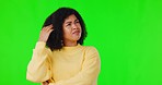 Confused, woman and scratching head in green screen studio with questions, decision or why on mockup background. Doubt, thinking and female person with idea, choice or problem solving plan emoji