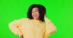 Woman, dancing with energy and fun on green screen, playful and happiness on studio background. Mockup space, music and freedom, happy female dancer and crazy, excited with celebration and care free