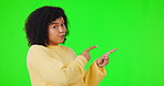 Girl, pointing or green screen for presentation space, promotion announcement or marketing offer. Face, show chart or hands of woman on studio background for mockup sale info, deal or choice list