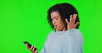 Woman, smartphone and app error on green screen, frustrated with system problem on studio background. Application fail, technology glitch and female person using phone, angry and internet 404