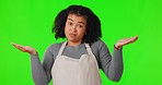 Green screen, waitress and woman with options, shrug and decisions against a studio background. Portrait, female person and employee with stress, questions and apron with doubt, confused and choice