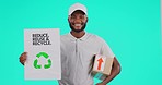Black man, box and recycle in logistics for environment, supply chain or eco friendly business on mockup. Portrait of African male person, courier guy or delivery with reuse sign for saving planet