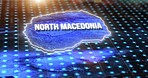 Digital map, country location and hologram of North Macedonia, gps pin and 3d rendering. Technology, data and matrix of global position on radar, virtual reality or simulation of coordinates on hud.