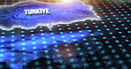 Digital, world and turkey on an information technology or virtual map for global networking or connectivity. Future, big data and grid for innovation, research or cloud computing on planet earth