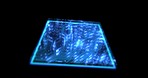 Computer, microchip and circuit board hologram on black background for programming, coding and cybersecurity. Information technology, software and processor for server, data and motherboard mockup