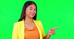 Green screen, woman face and finger pointing in studio with timeline, checklist or information on mockup background. Portrait, face and female person showing presentation, contact and flowchart steps