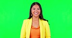 Laughing, professional and face of a woman on a green screen for work and agency career. Smile, business and portrait of a young girl or employee with happiness isolated on a mockup studio background