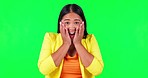 Green screen, celebration and wow woman face in studio for bonus, news or promotion, sale or discount on mockup background. Portrait, smile and shocked asian lady winner celebrating coming soon promo