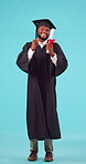 Graduation, dance and college with black man and diploma for education, learning and winner. Goal, future and celebration with portrait of student on blue background for scholarship and graduate