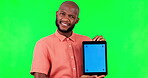 Black man, tablet and confused mock up with green screen and chroma key for advertising promo. Young male person, portrait and digital technology with social media announcement and smile with tech 