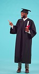 Marketing, presentation and man graduate with diploma in studio for achievement or goal success. Graduation, advertising and portrait of African male university student with degree by blue background