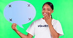 Speech bubble, mockup and a volunteering woman on a green screen with a surprise or communication. Wow, opinion and face portrait of a female volunteer with a space sign isolated on studio background