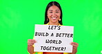Poster, motivation and message with an asian woman on green screen background in studio for the future of the world. Portrait, sign and challenge with a happy young female person on chromakey mockup