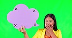Green screen, speech bubble and wow woman face with tracking markers in studio for promo on mockup background. Space, poster and portrait of asian female with FAQ, feedback and language translation