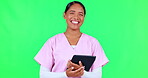 Doctor, tablet and woman on green screen in telehealth, healthcare service and hospital management or nursing. Happy face of medical nurse or latino person on digital technology in studio background