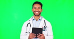 Green screen, tablet and portrait of doctor with happy, smile or health care expert with technology, information or prescription. Face, medical professional and mobile app for healthcare and medicine