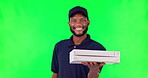 Fast food, delivery man with pizza box and against a green screen for logistics. Transportation or commercial, distribution or grocery and happy male person with product or parcel with mock up space