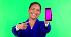 Phone mockup, pointing and woman on green screen for website, internet and mobile app with tracking markers. Advertising, show and portrait of female person with smartphone for news and social media