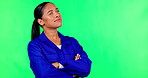 Green screen, woman and construction worker thinking of idea for architecture, building and project management. Industrial, decision and employee in warehouse, factory and ideas for maintenance