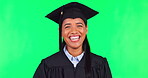 Graduation, face and happiness with education on green screen, cap and gown on studio background. Mockup space, academic university achievement and success, female graduate in headshot and portrait