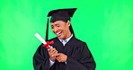 Woman graduate, face and green screen with celebration, achievement and success in mockup. University student girl, certificate and happy at event, gratitude and excited for future career in studio