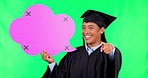 Woman, graduation and speech bubble in green screen with point at you for opinion, review and mock up space. Girl, college student and happy for social media poster, celebration and vote in portrait