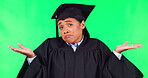 Graduation, options and a student woman on a green screen background shrugging her shoulders in studio. Portrait, confused or doubt with a university pupil asking a question on chromakey mockup