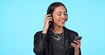 Woman, listening to music with smartphone and headphones, dancing to playlist and fun on blue background. Young female person, audio streaming and radio, social media and gen z with mockup space