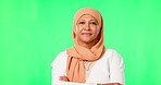 Face, green screen and Islamic woman with arms crossed, smile and confident lady against a studio background. Portrait, Muslim female person and model with carefree, happiness and positive mindset