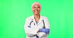 Doctor, woman and arms crossed by green screen with face, pride and smile for medical career in mockup. Islamic healthcare expert, happy and excited in portrait for wellness,  advice or hospital job