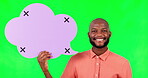 Speech bubble, mockup and a black man on green screen in studio for social media communication. Portrait, marketing or advertising and a male brand ambassador holding mockup with tracking markers