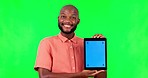 Happy black man, tablet and mock up space with green screen and chroma key for advertising. Young male person, portrait and digital technology with deal, promo and announcement and smile with tech 