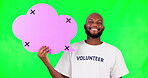 Speech bubble, mockup and a black man volunteer on green screen in studio for social media communication. Portrait, marketing or advertising and a male activist holding mockup with tracking markers