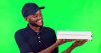 Courier, green screen and black man with delivery, box and package for shipping, order or pizza. Happy, model and person for promotion, advertising and mockup of distribution service person or worker