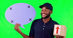 Speech bubble, mockup and box with a black man on green screen in studio for social media communication. Portrait, delivery or ecommerce and a male courier holding mockup with tracking markers