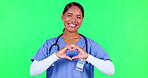 Heart, woman and doctor on green screen, cardiovascular check and  healthcare or cholesterol, care sign and service. Face of nurse or medical latino person, support or love emoji on studio background