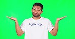 Green screen, choice and hands by man face of volunteer in studio with how expression on mockup background. Emoji, decision and portrait of asian male with menu, steps or volunteering information