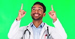 Pointing, show and doctor with man on green screen for advertising, deal and idea. Healthcare, medical and medicine with portrait of person on studio background for presentation, review and news