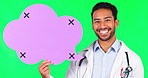 Asian man, doctor and speech bubble on green screen for social media advertising against a studio background. Portrait of male person, medical or healthcare professional with smile for chat on mockup