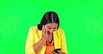 Winner, phone or excited businesswoman on green screen surprised social media giveaway or bonus. Omg, wow or happy female person with mockup space shocked by competition success on studio background