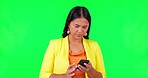 Green screen, stress and frustrated woman with phone for text, message or internet delay on studio background. Smartphone, error and asian lady annoyed by glitch, 404 or social network connection