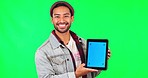 Happy asian man, tablet mockup and green screen for advertising against a studio background. Portrait of male person smile, show or technology app in social media or tracking markers on mock up space