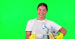 Green screen, happy woman or face of cleaner housekeeper with spray bottle or gloves on studio background. Cleaning service, portrait or girl maid smiling with mockup space, soap products or hygiene