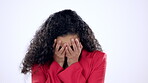 Cover face, shy and embarrassed woman in studio isolated on a white background. Portrait, anxiety and person with fear, mistake or facial expression of fail, problem or scared, awkward or nervous.